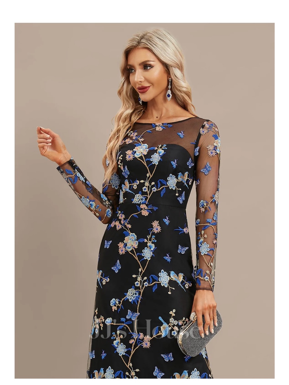 JJs House Black Long Sleeve Mesh Dress with Blue Floral Embroidery